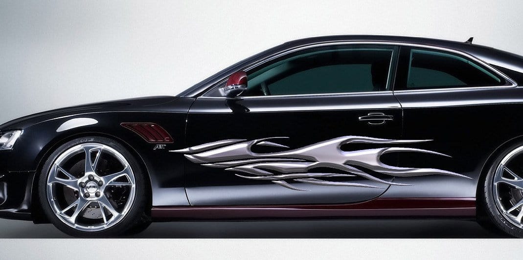 3d chrome flame vinyl graphics on black car